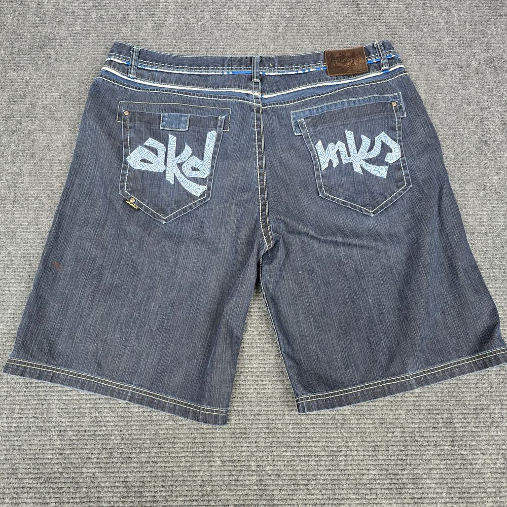 Akademiks Denim Shorts Mens 44 Dark Blue Baggy Embroidered Y2K Hip Hop Jorts